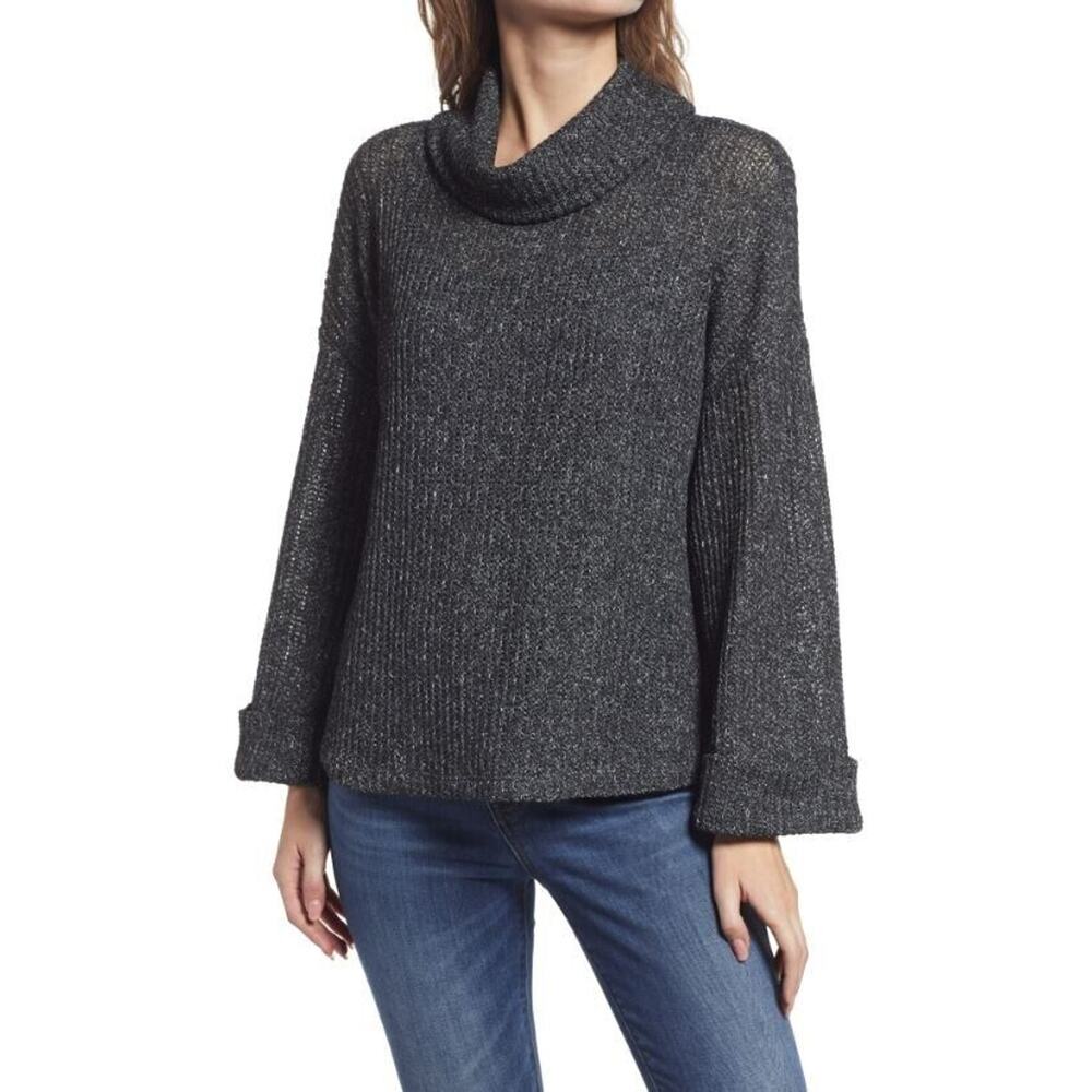 Gibsonlook Women's Flare Sleeve Cowl Neck‎ Sweater in Charcoal Small MSRP $55